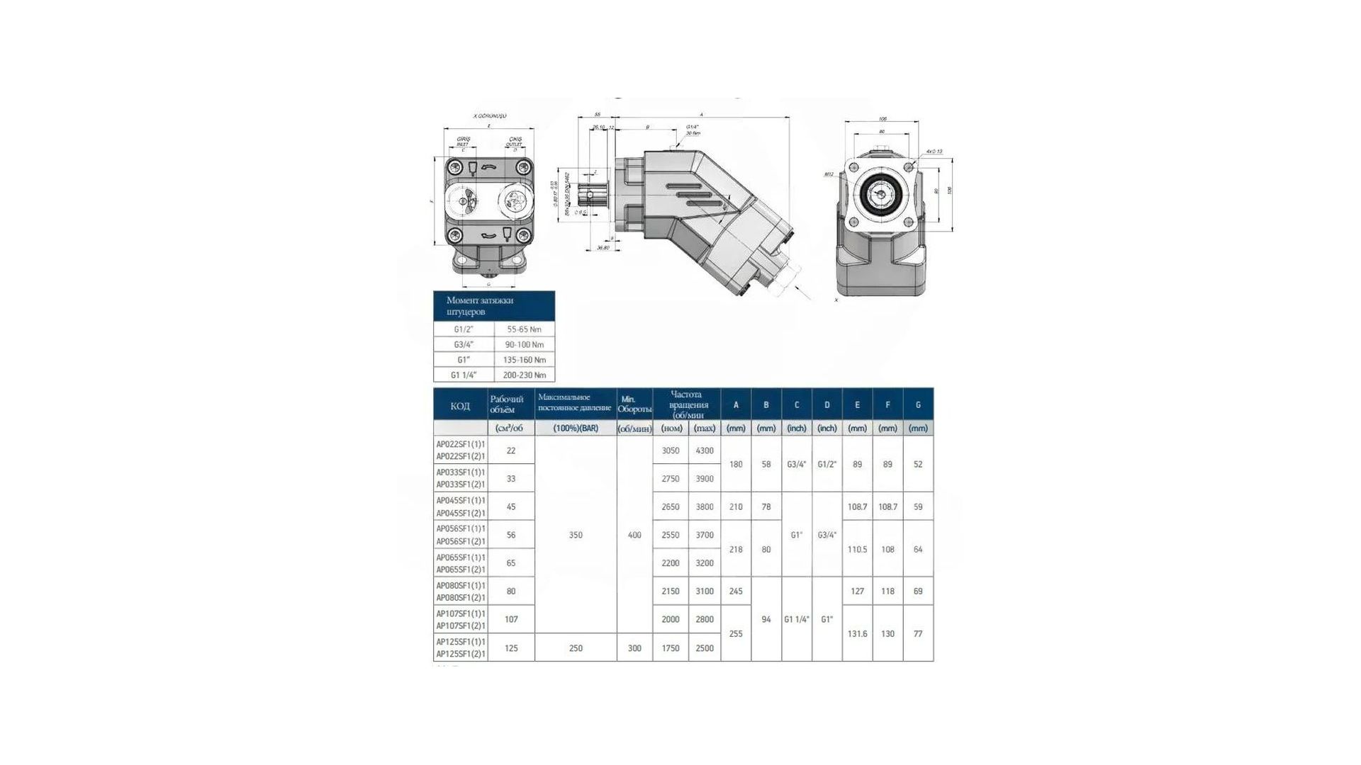 AP107SF121 Насос гидравлический ISO 107 правый с патрубком  KAZEL HYDRAULIC