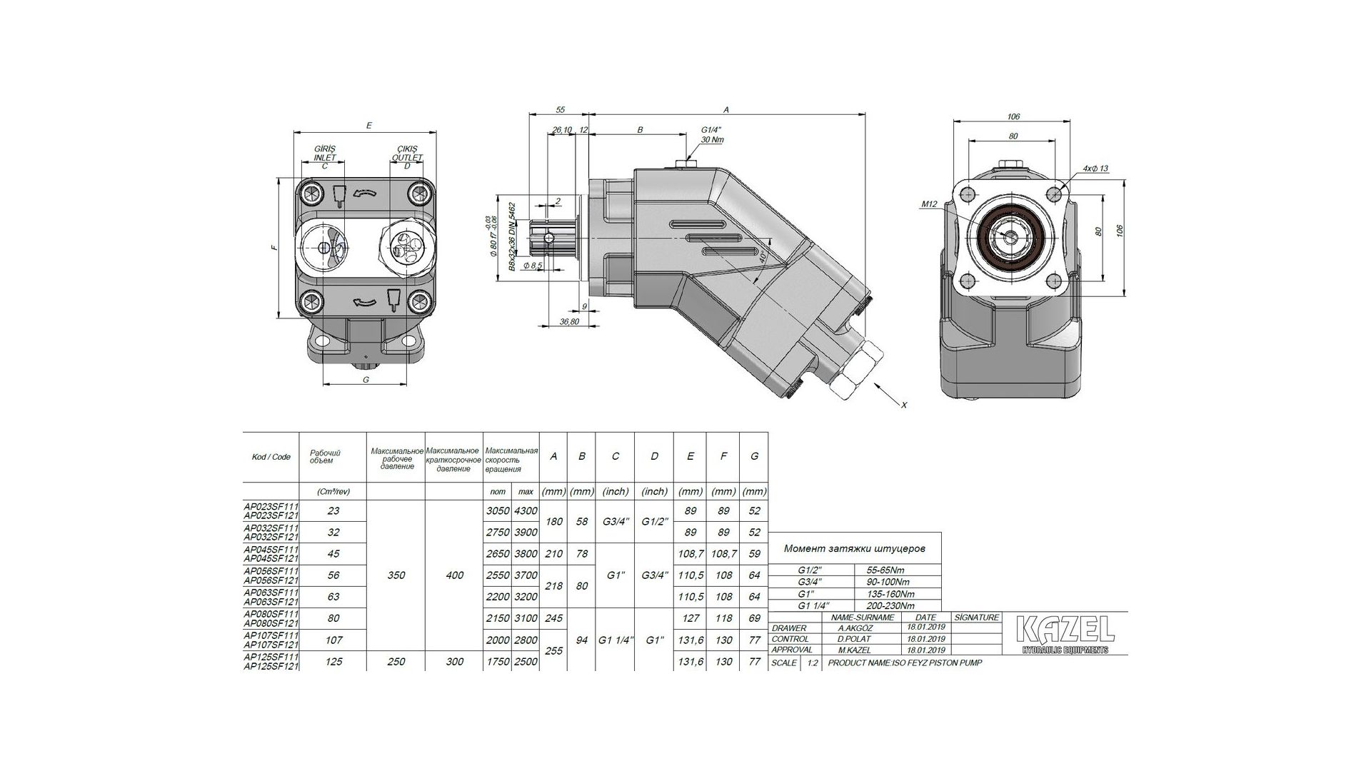 AP107SF121 Насос гидравлический ISO 107 правый с патрубком  KAZEL HYDRAULIC